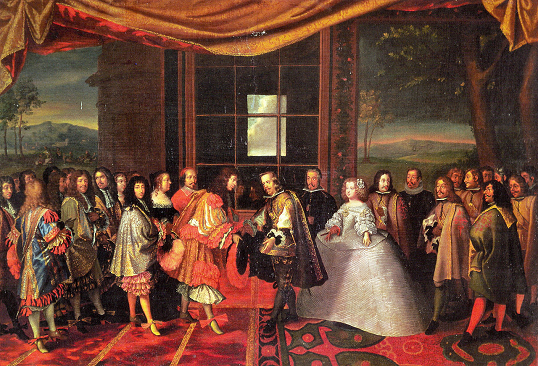 Entrevue de Louis XIV et de Philippe IV d'Espagne dans l'Île des Faisans en 1659 - On distingue Marie-Thérèse d'Autriche derrière son père Philippe IV